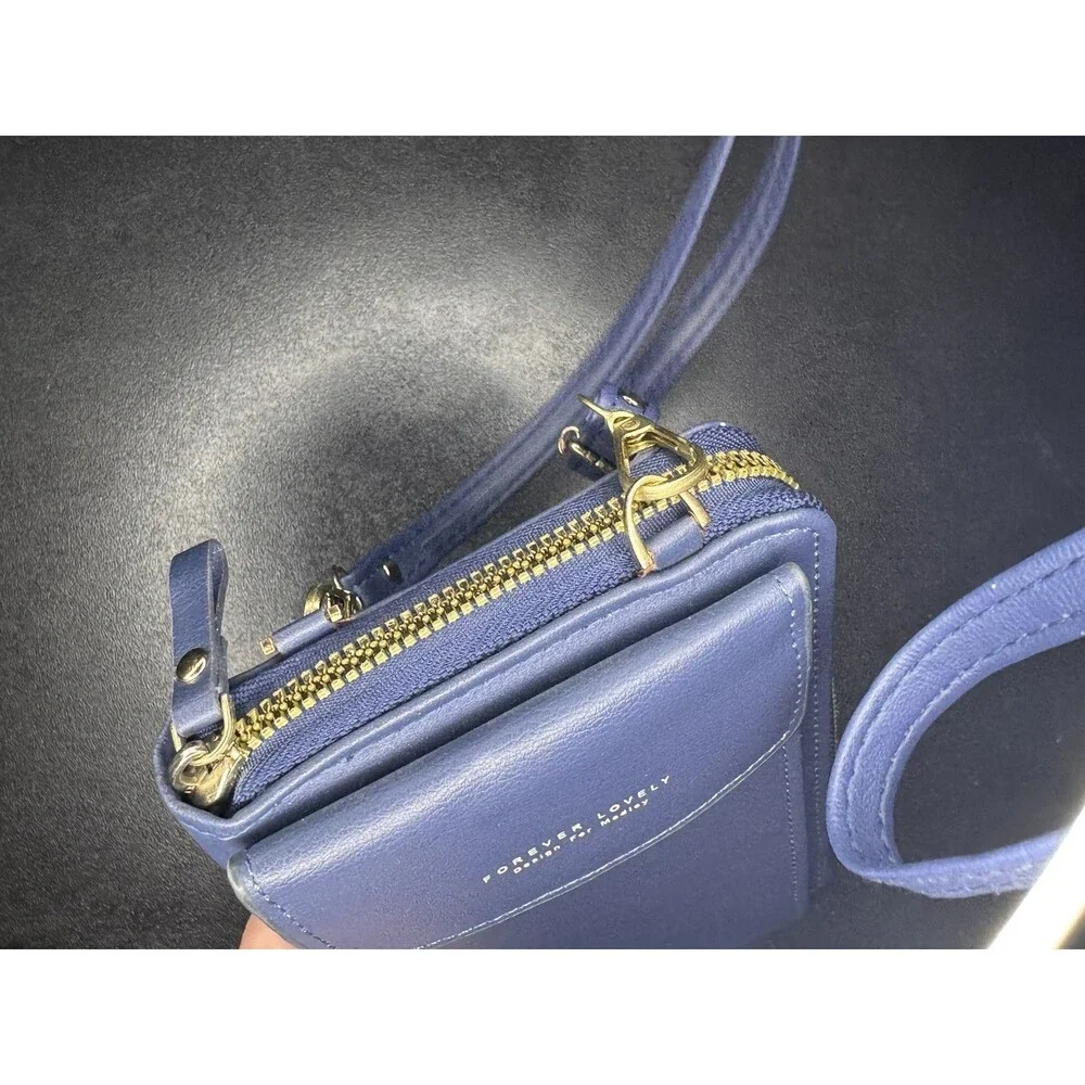 Forever Lovely Blue Crossbody Wallet Phone Purse Organizer Gold Zip Faux Leather